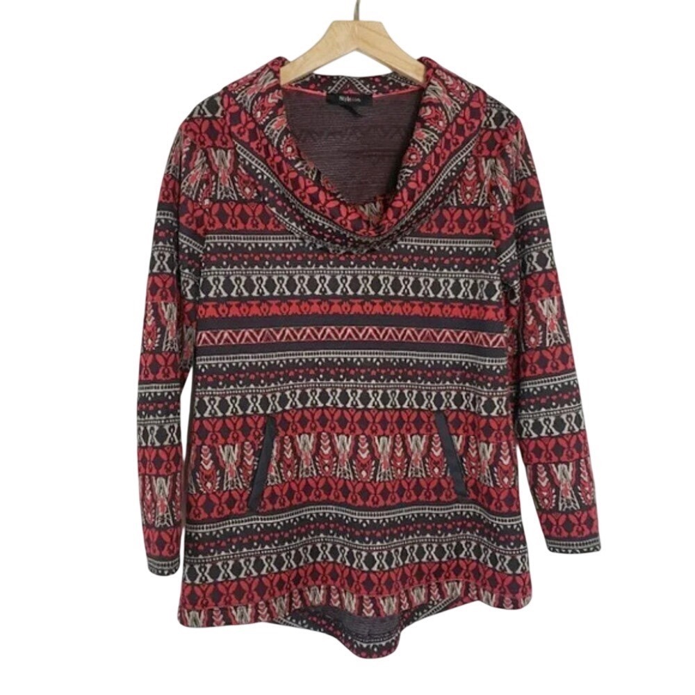 Style & Co Pullover Top Small Red Fair‎ Isle Cowl Neck Long Sleeve Pockets